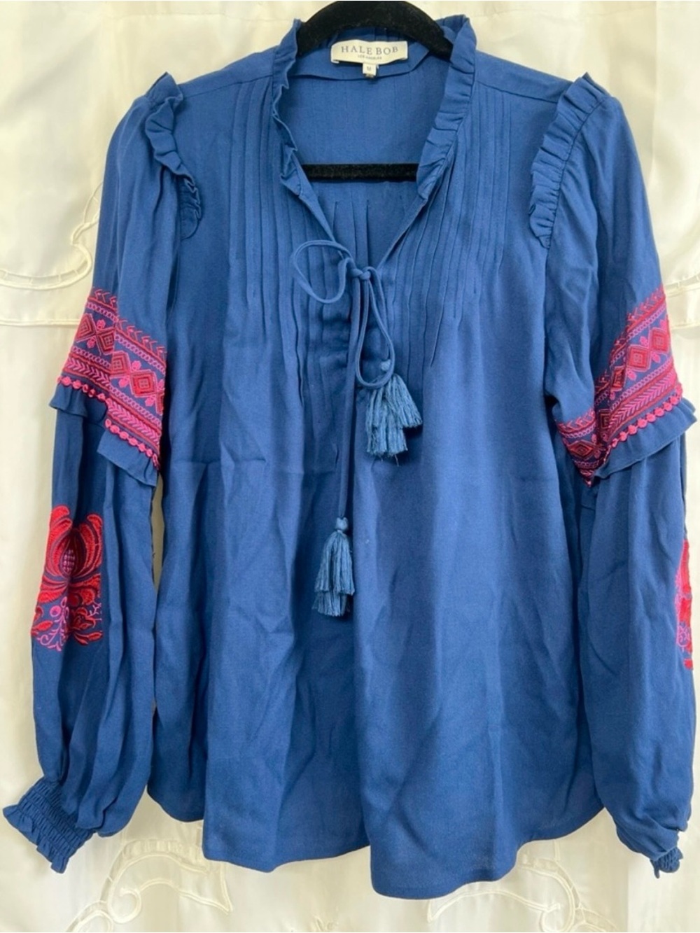 Hale Bob Reign Embroidered Lace-Up Blouse Blue Pink Boho Peasant Top Size Medium